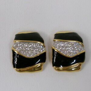 Vintage Essex Black Enamel Crystal‎ Statement Clip Earrings